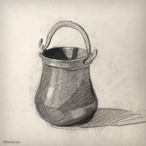 charcoal drawing of a metal bucket