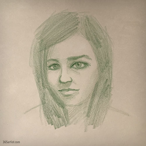 portrait drawing with green pencil
