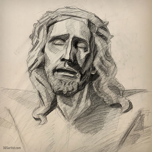 charcoal drawing of Jesus statue
