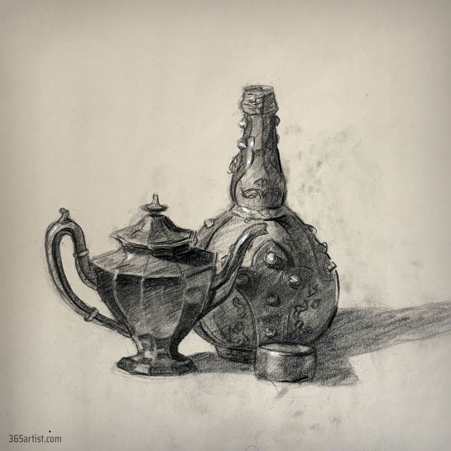 still life charcoal drawing of teapot