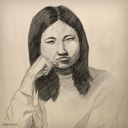 charcoal drawing on an asian lady