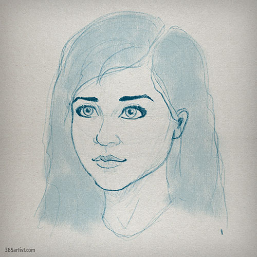 portrait drawing in blue