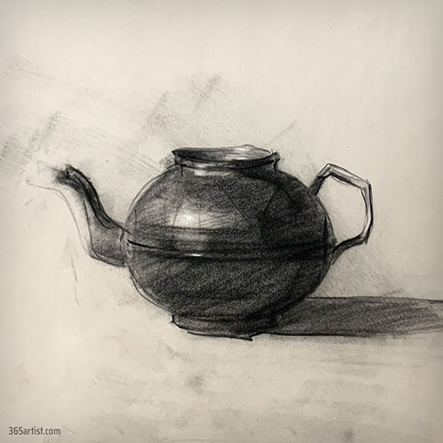 charcoal drawing of a teapot